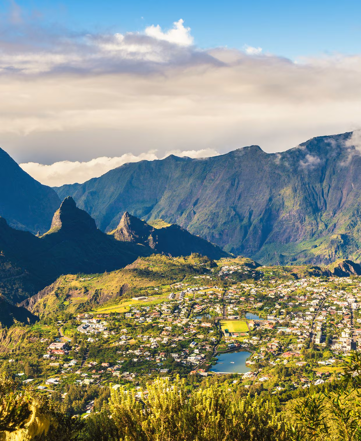 Mountain peaks above the Reunion Island village of Cilaos